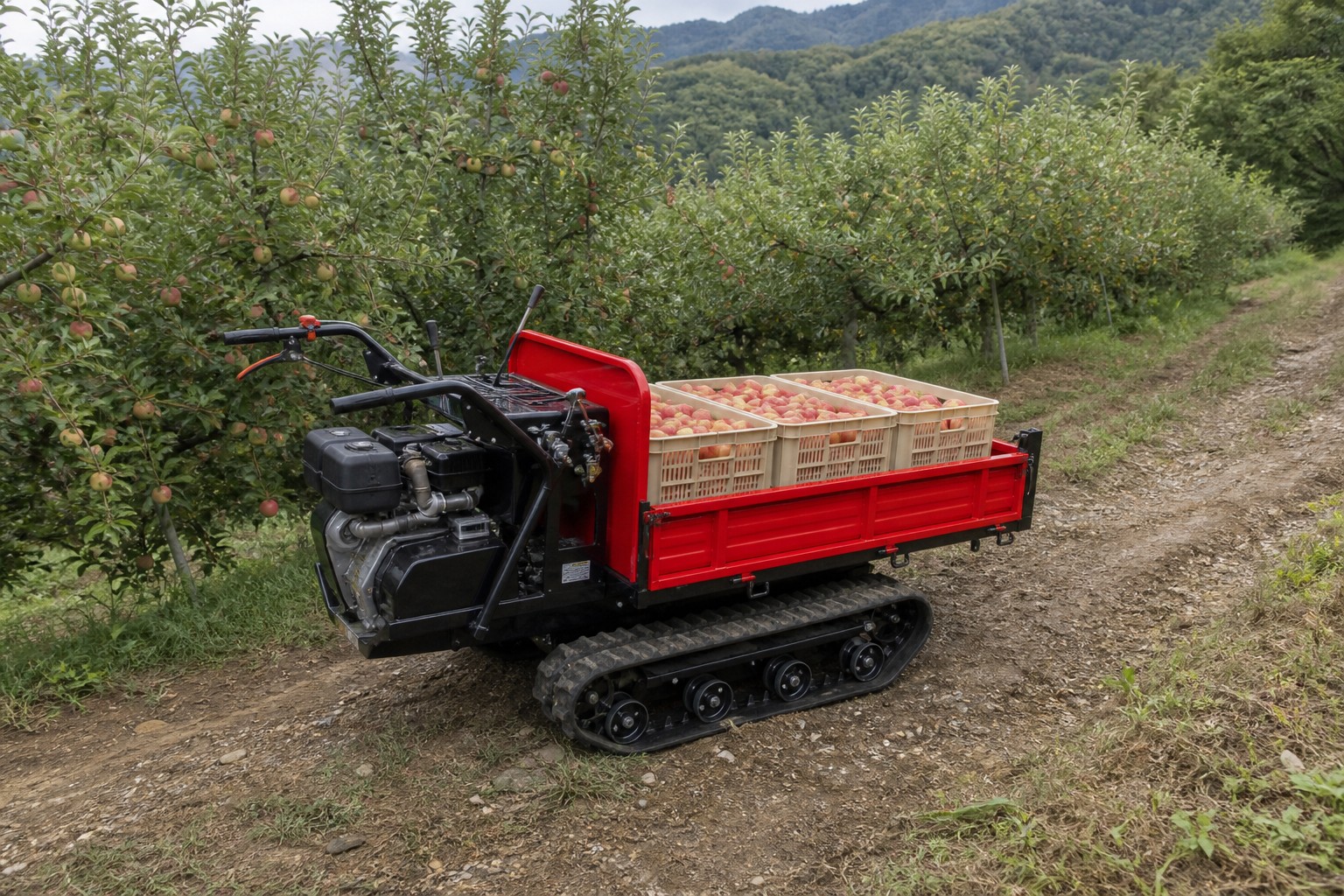TT800 All-Terrain Tracked Dumper transporting produce in an orchard